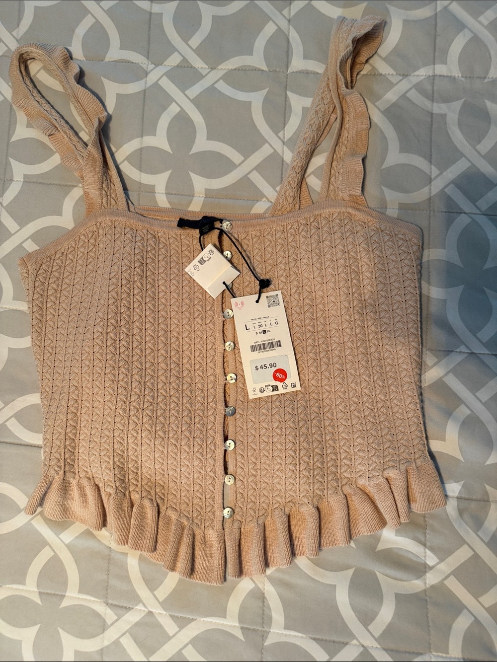 Zara Beige Ruffled Knit Button-Front Crop Top